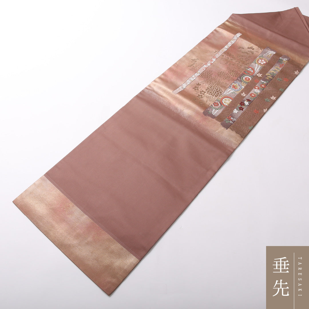 九寸名古屋帯 Aランク 帯丈362cm 正絹 ポイント柄 名古屋仕立て 織り セミフォーマル 小袖錦 光琳波 秋草文 ピンク系 RP 1245-03005