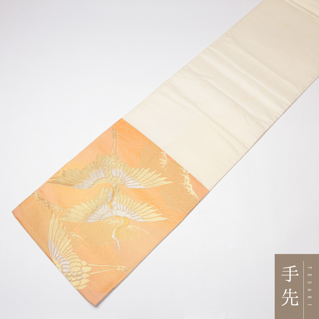 袋帯 帯丈412cm 六通 鶴 松 フォーマル 朱系 正絹 Aランク 1223-01325