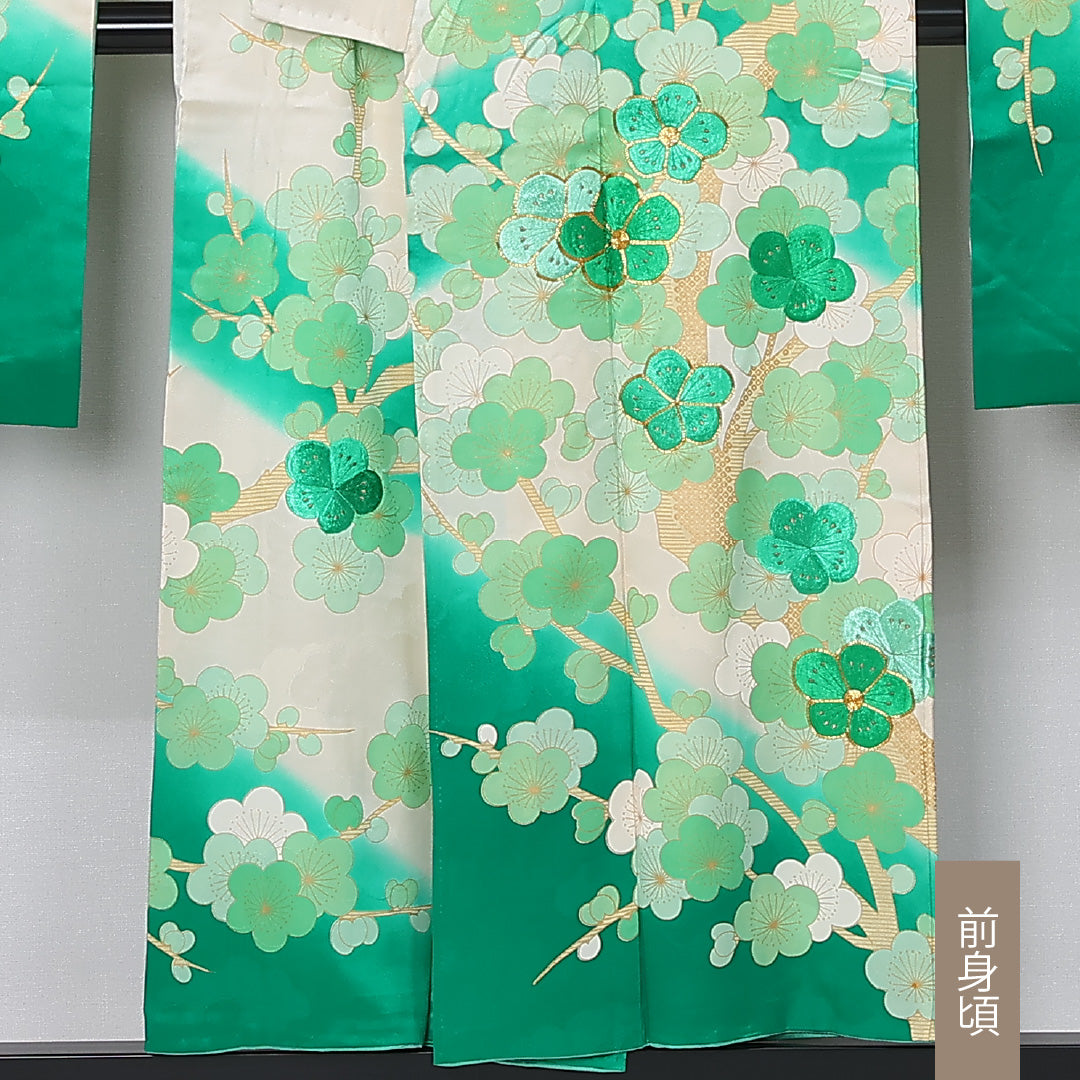 振袖 身丈149cm 裄丈65cm Cランク 正絹 袷 広衿 XS 金駒刺繍 梅 フォーマル 独創的 爽やか クリーム系 緑系 1213-F0464