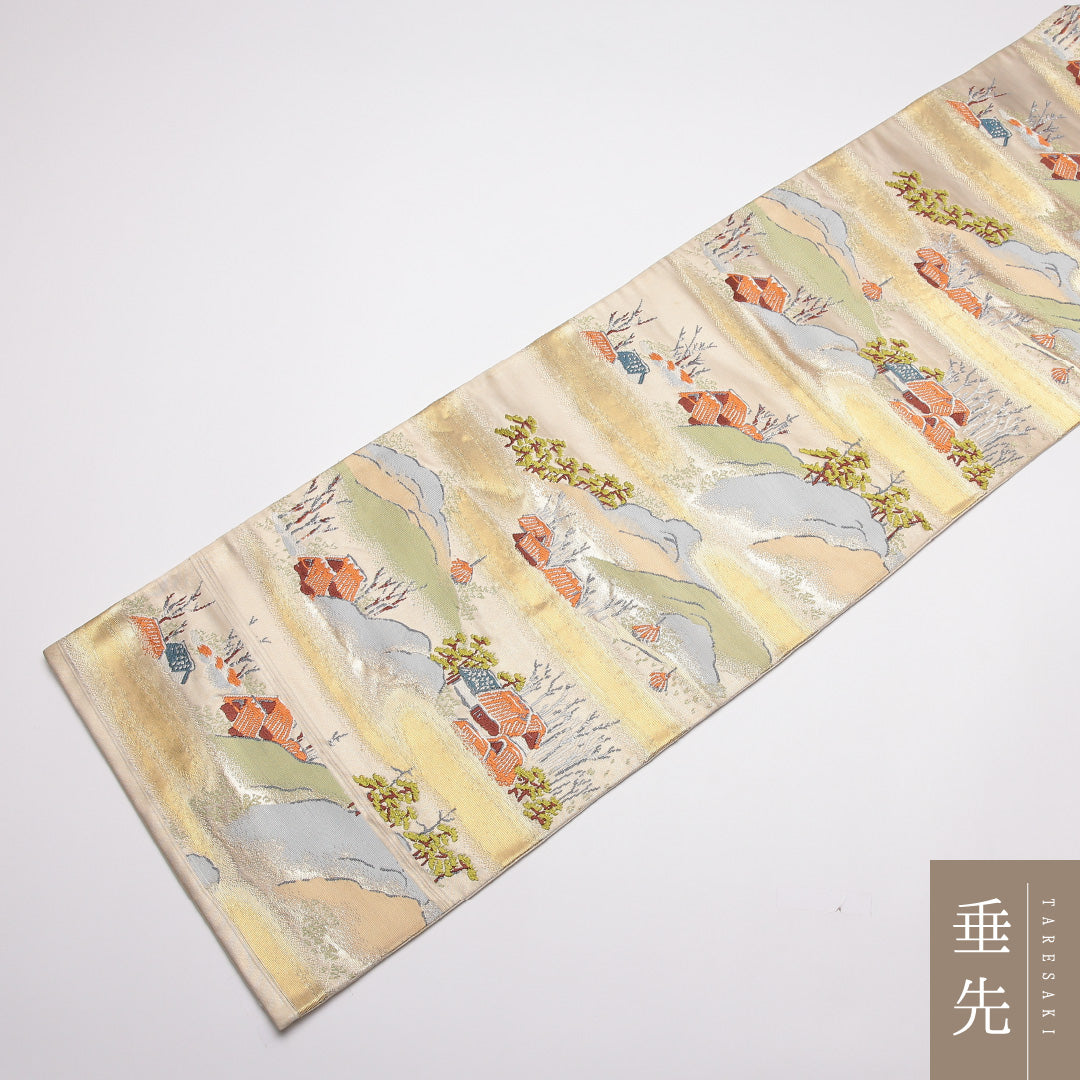 九寸名古屋帯 Sランク 帯丈350cm 正絹 六通 名古屋仕立て 織り セミフォーマル 茶屋辻 クリーム系 RP 1245-01812