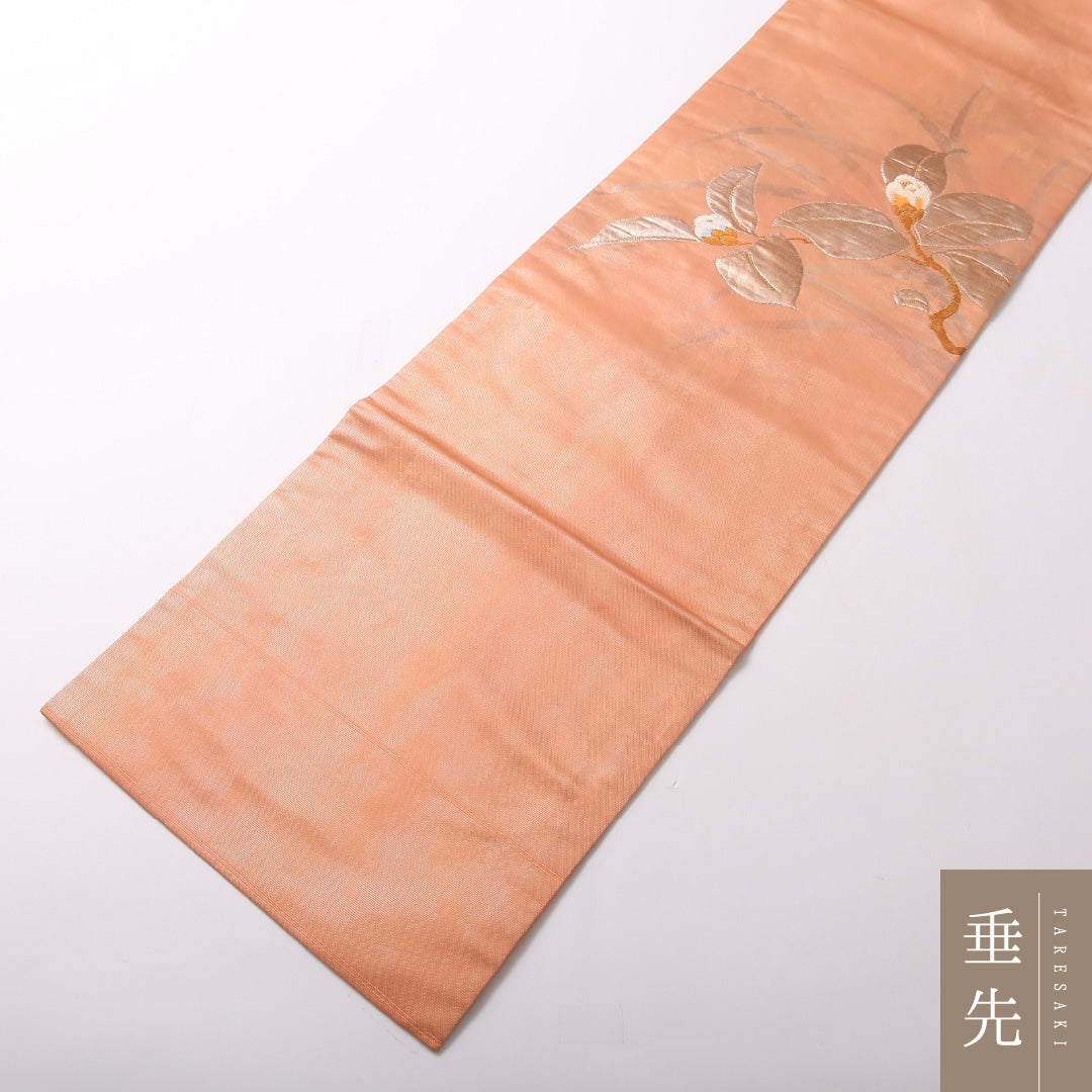 九寸名古屋帯 Aランク 帯丈360cm 正絹 ポイント柄 名古屋仕立て 織り セミフォーマル 椿 淡い朱系 RP 1245-03116