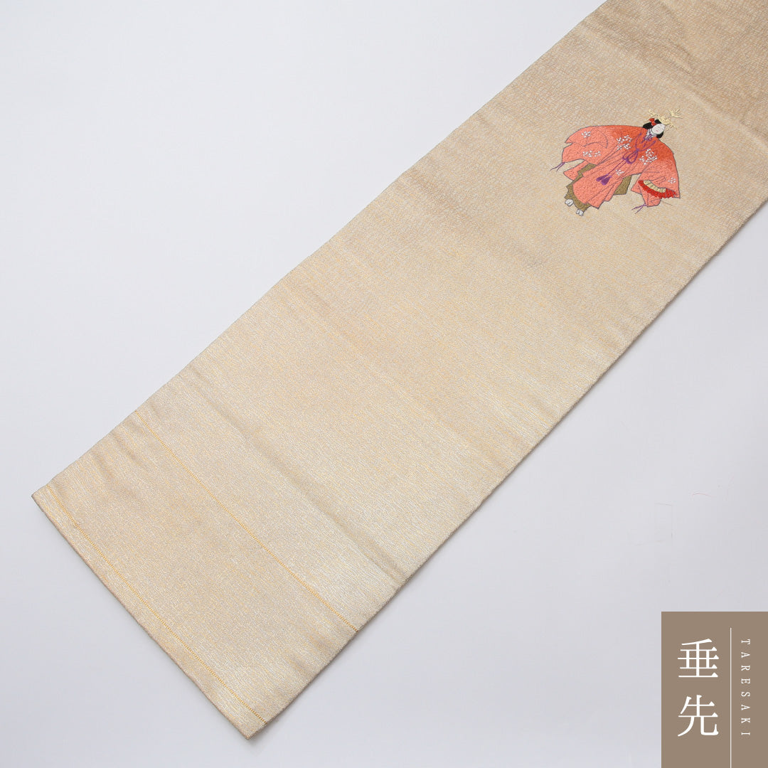 名古屋帯 ポイント柄 帯丈350cm セミフォーマル Aランク 正絹 唐織 能 鼓 金銀糸 ベージュ系 1224-02043