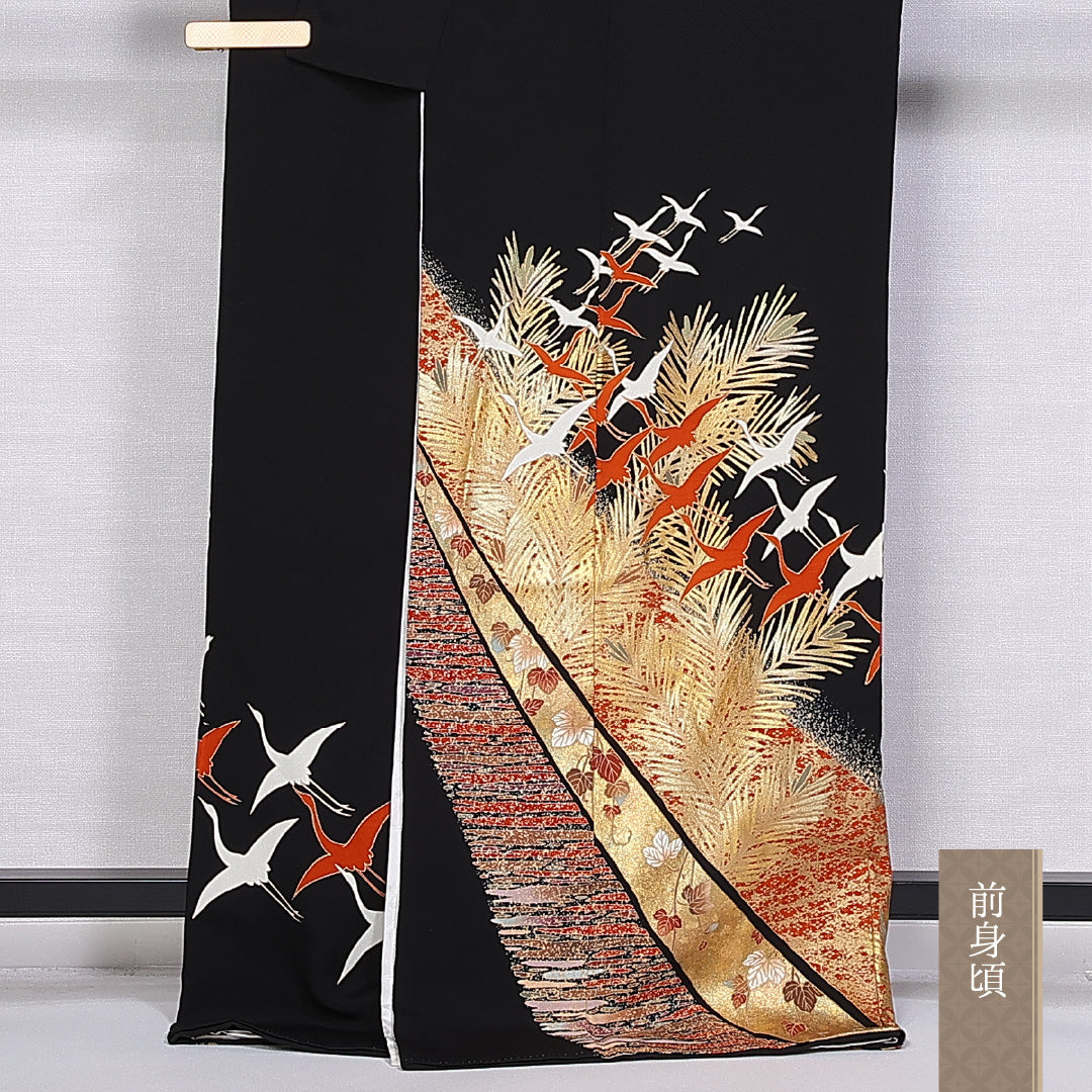 黒留袖 五つ紋 五三桐 身丈168cm 裄丈65cm Sランク 正絹 袷 比翼 広衿 XL 作家物 落款 鶴 金彩 フォーマル 黒系 1211-F0337