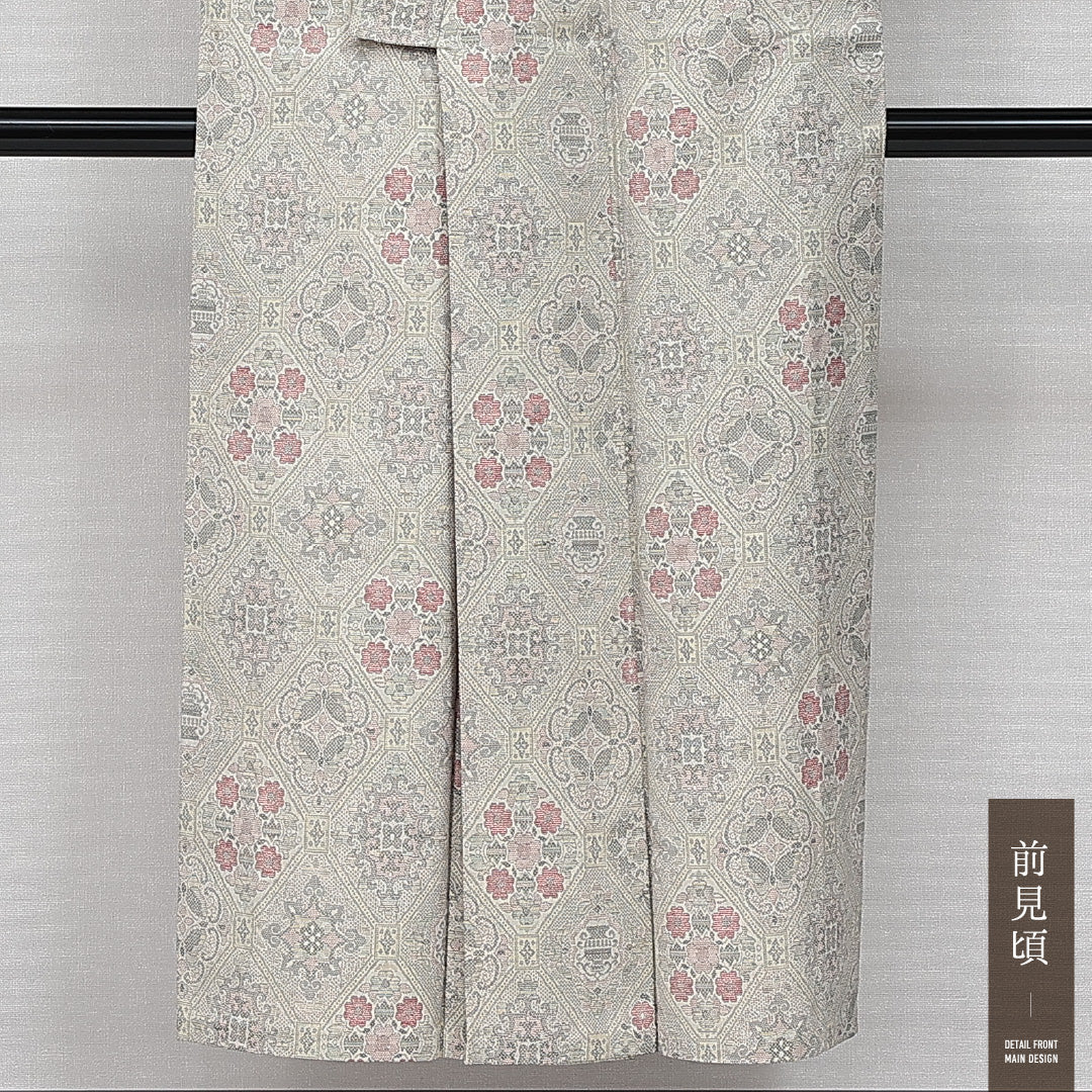 洗える着物 ウールの紬 単衣 身丈147cm 裄丈61cm ウール Aランク カジュアル バチ衿 XSサイズ 古典柄 クリーム系 HP 1223-14303