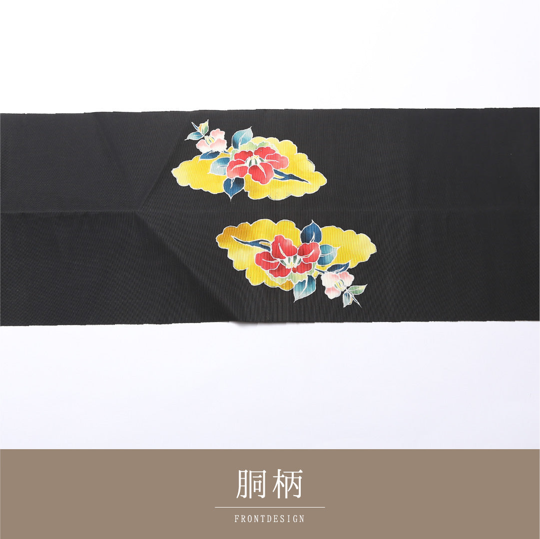 八寸名古屋帯 Bランク 帯丈348cm 正絹 ポイント柄 松葉仕立て 染め インフォーマル 塩瀬 京紅型 椿 黒系 RP 1245-02502