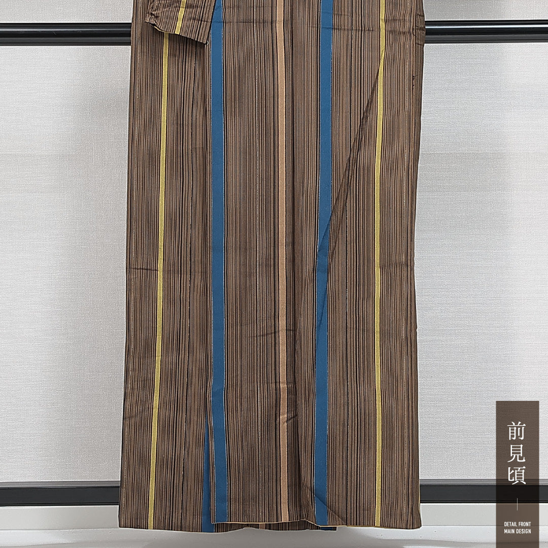 紬 袷 身丈158cm 裄丈63cm 正絹 Sランク Mサイズ 広衿 カジュアル 縞 茶系 緑系 1216-14771