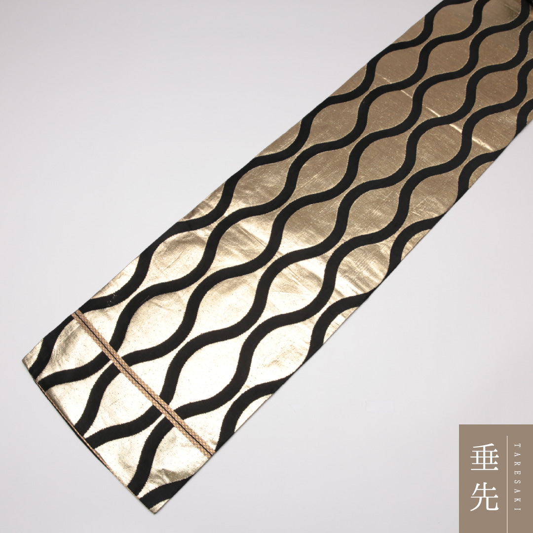 九寸名古屋帯 Aランク 帯丈386cm 正絹 六通 名古屋仕立て 織り 踊り用 立涌 黒系 LP 1245-01553