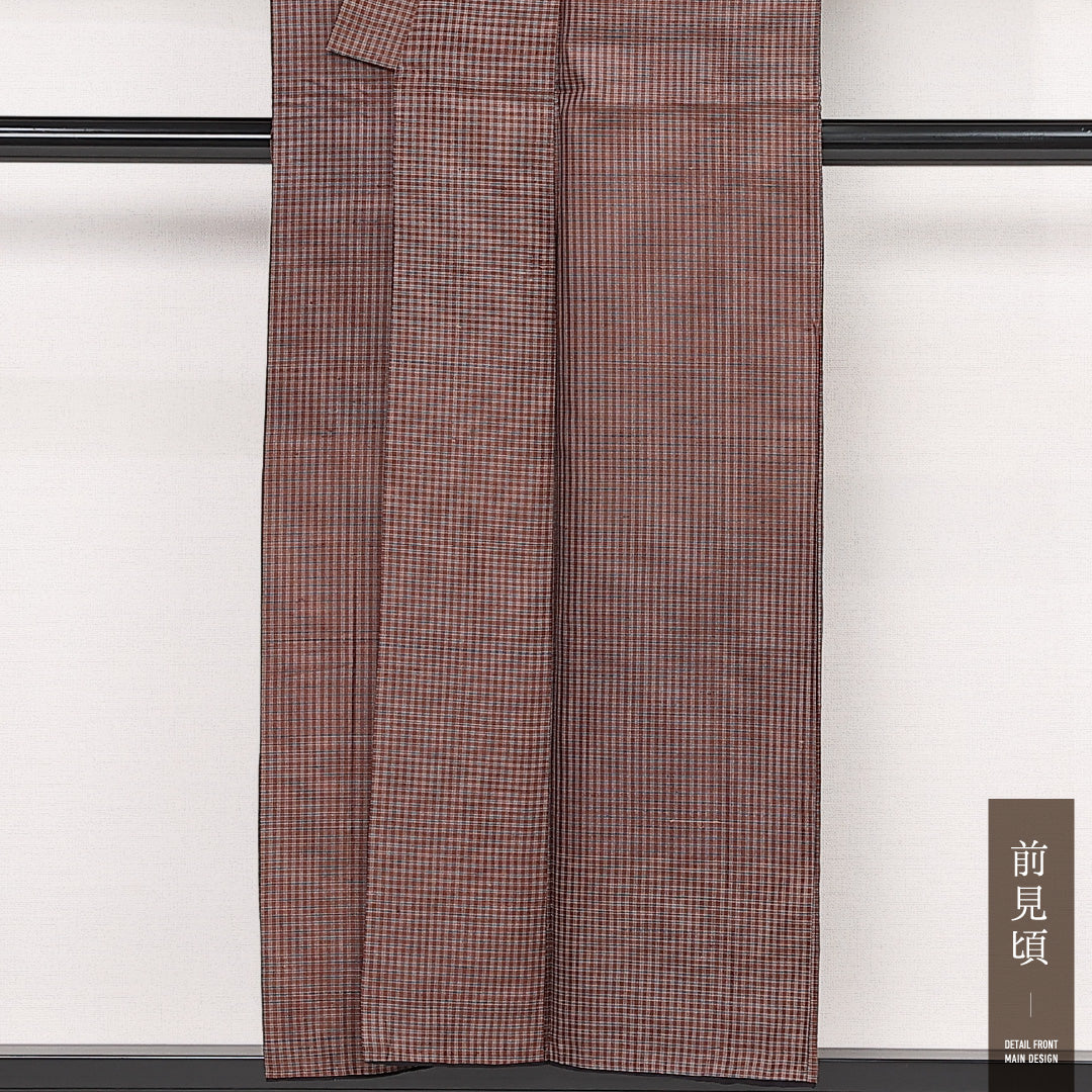 紬 袷 身丈152cm 裄丈62cm 正絹 Cランク カジュアル バチ衿 Sサイズ 格子 茶系 HP 1223-13383
