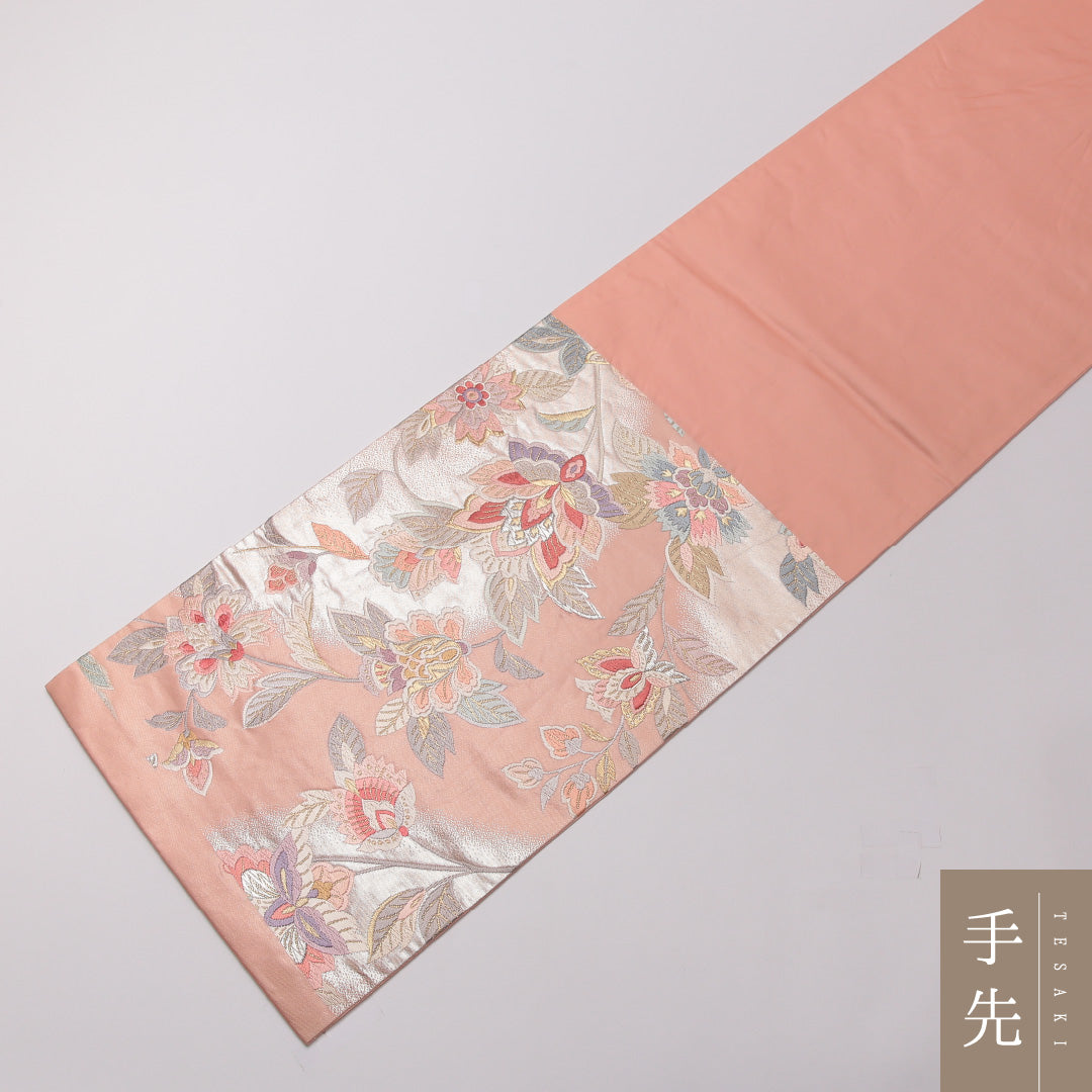 袋帯 帯丈440cm 正絹 六通 フォーマル 唐織 唐草華文 ピンク系 1243-01444