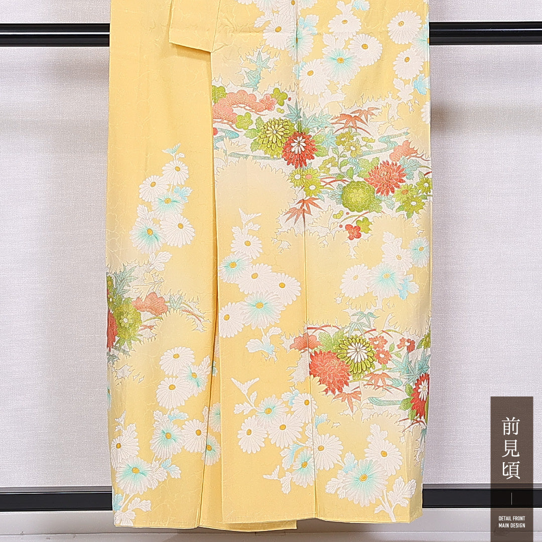 訪問着 袷 身丈155cm 裄丈64cm 正絹 Sランク 紋意匠 (花柄) セミフォーマル バチ衿 Mサイズ 金箔 菊 笠松 黄系 RP 1217-11214