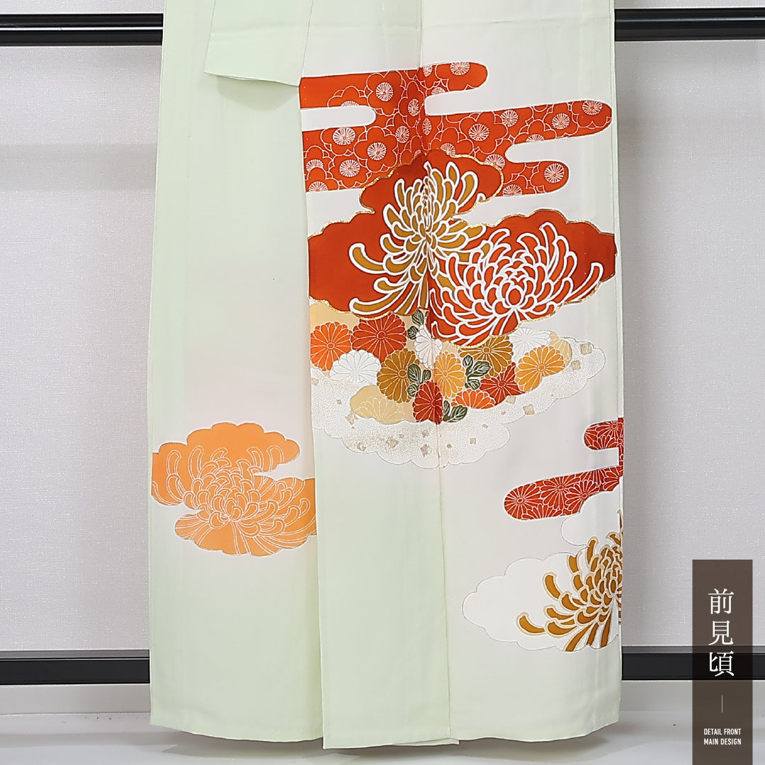 アンティーク 訪問着 身丈156cm 裄丈65cm Bランク M 正絹 単衣 広衿 金駒刺繍 エ霞 菊 緑系 1212-12323