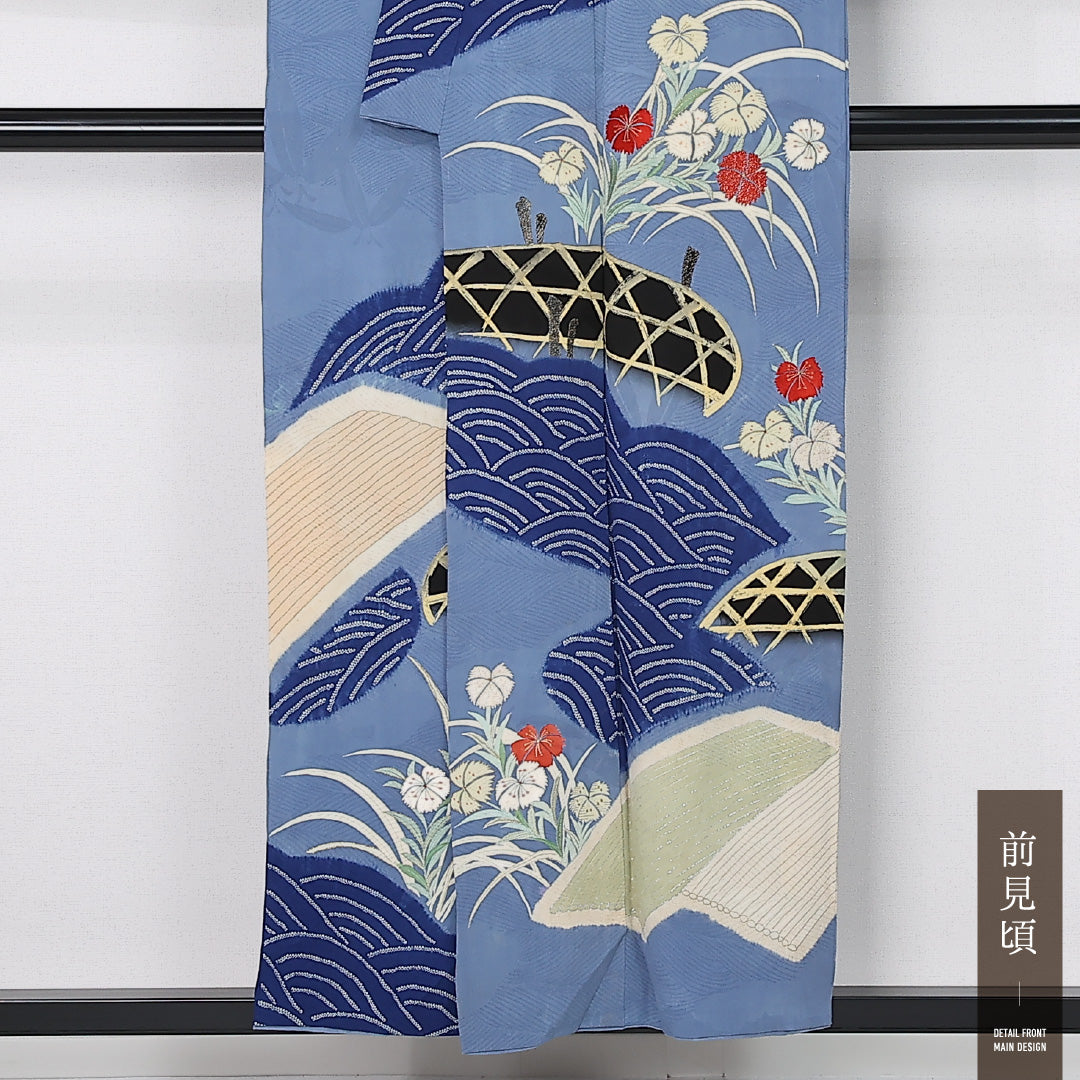 アンティーク 訪問着 袷 身丈152cm 裄丈64cm 正絹 Aランク 一つ紋 (橘) バチ衿 Sサイズ 金箔 刺繍 青海波 撫子 青系 M4 1217-12508