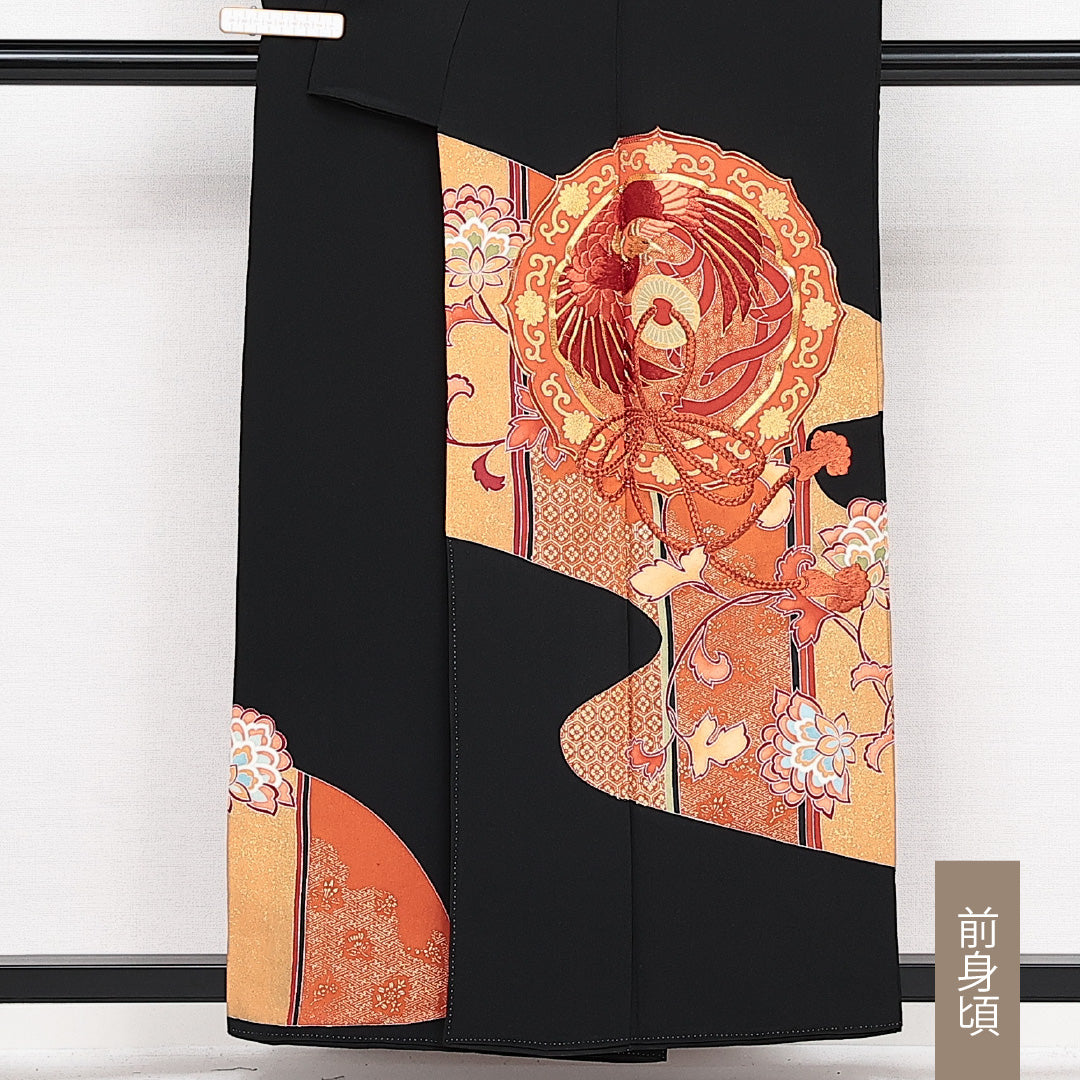 黒留袖 五つ紋 五三桐 身丈157cm 裄丈64cm Sランク 正絹 袷 比翼 広衿 M 刺繍 金駒刺繍 鏡裏文 鳳凰 古典的 格調高い 黒系 1211-F0600