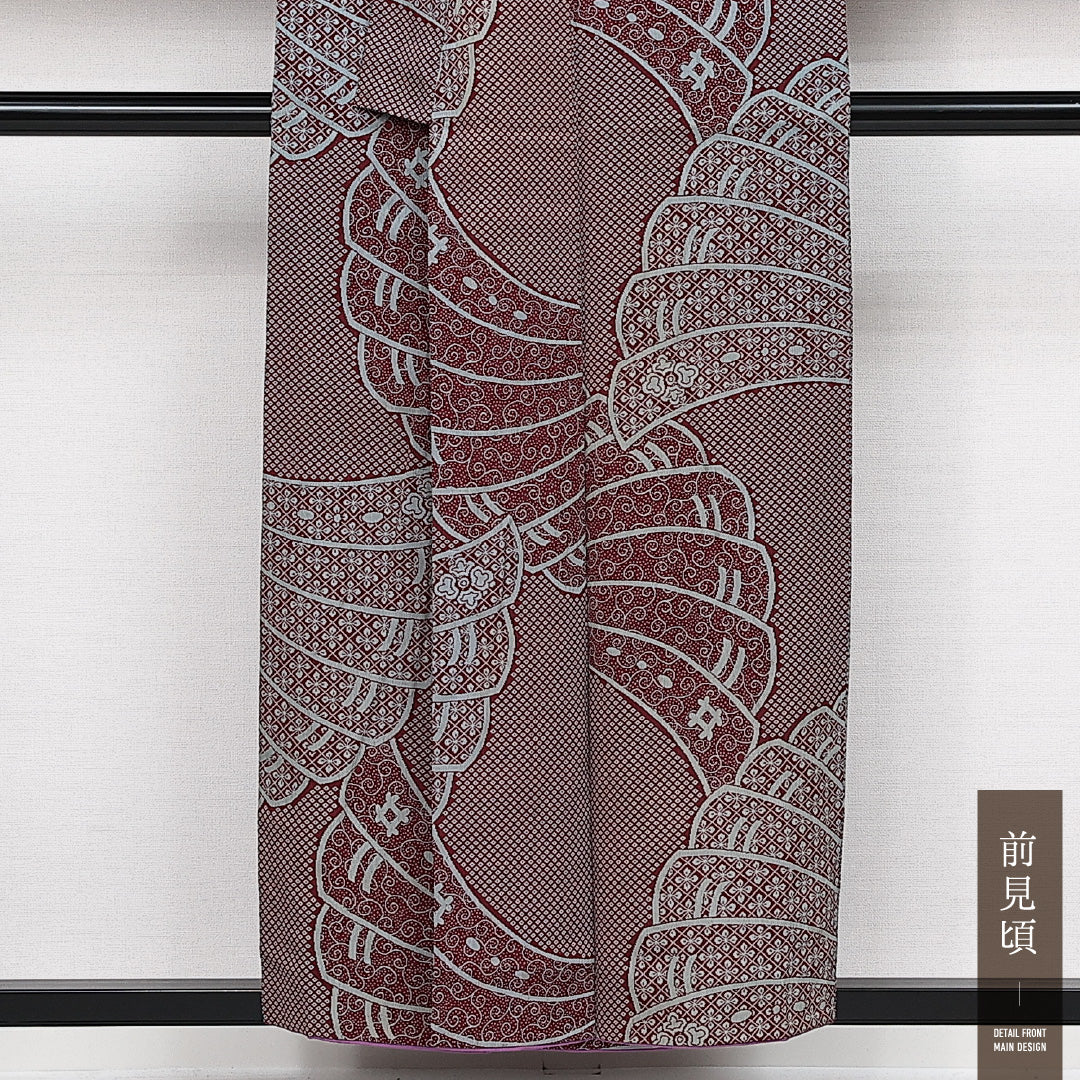 アンティーク お召 袷 身丈153cm 裄丈63cm 正絹 Bランク バチ衿 Sサイズ 檜扇 赤系 RP 1222-14136