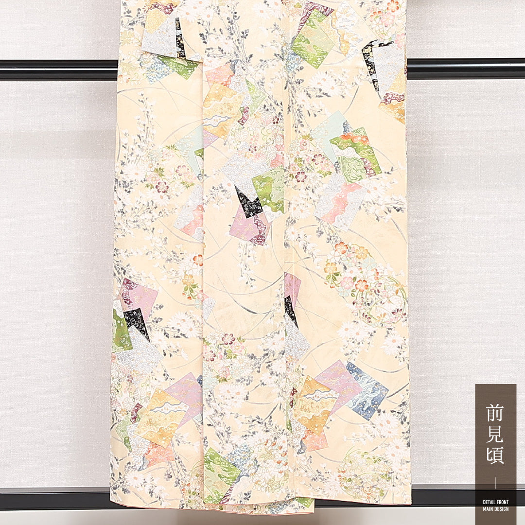 小紋 袷 身丈153cm 裄丈63cm 正絹 Sランク インフォーマル 広衿 Sサイズ 金彩 色紙 四君子 クリーム系 RP 1221-13170