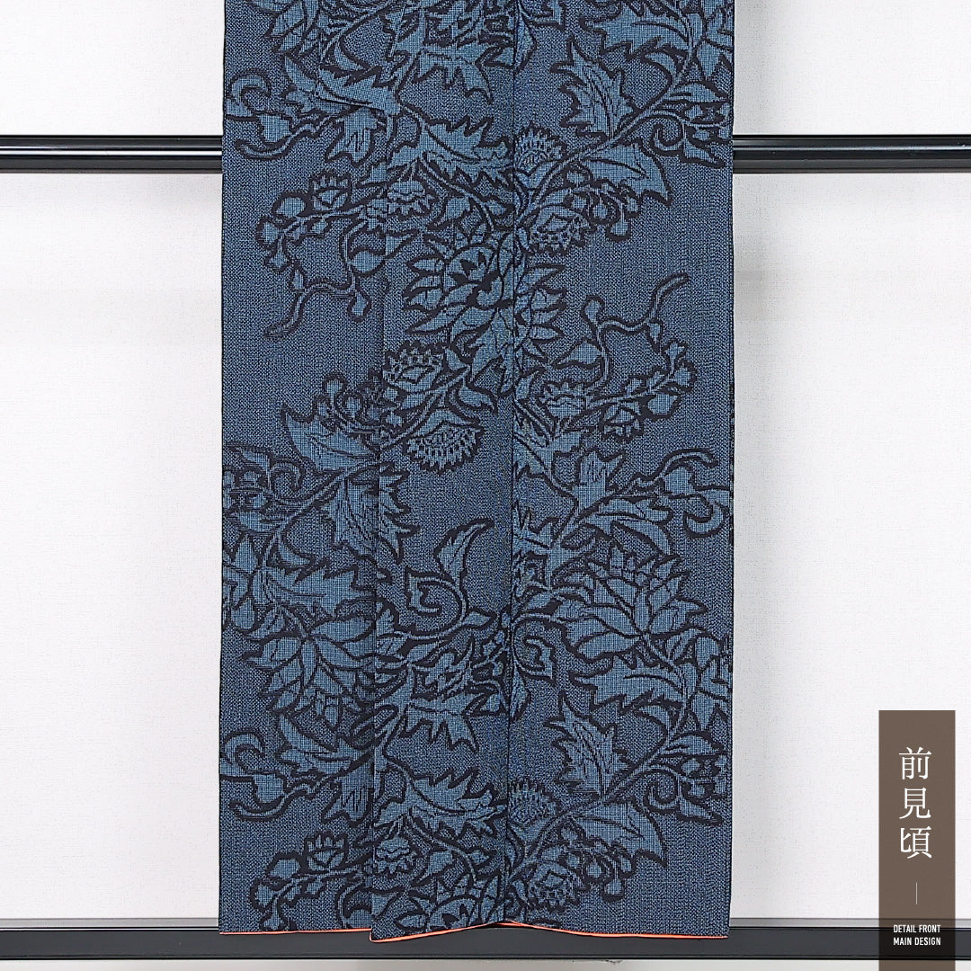 アンティーク 小紋 袷 身丈150cm 裄丈62cm 正絹 Aランク バチ衿 Sサイズ 唐草 紺系 M4 1221-12514
