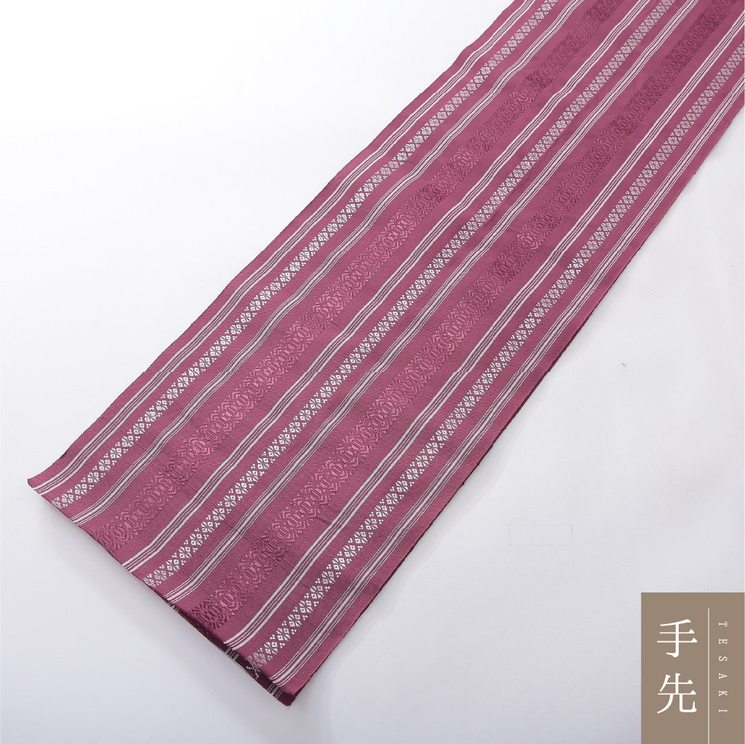 八寸名古屋帯 帯丈394cm インフォーマル 開き仕立て 全通 未仕立て 帯芯なし Sランク 正絹 本場筑前博多織 献上柄 ピンク系 1224-03886