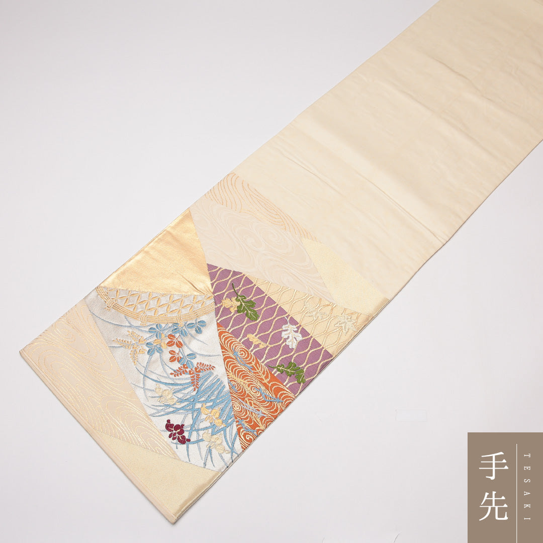 袋帯 帯丈414cm 六通 吉祥文様 流水 菖蒲 フォーマル クリーム系 正絹 Aランク 1223-01308