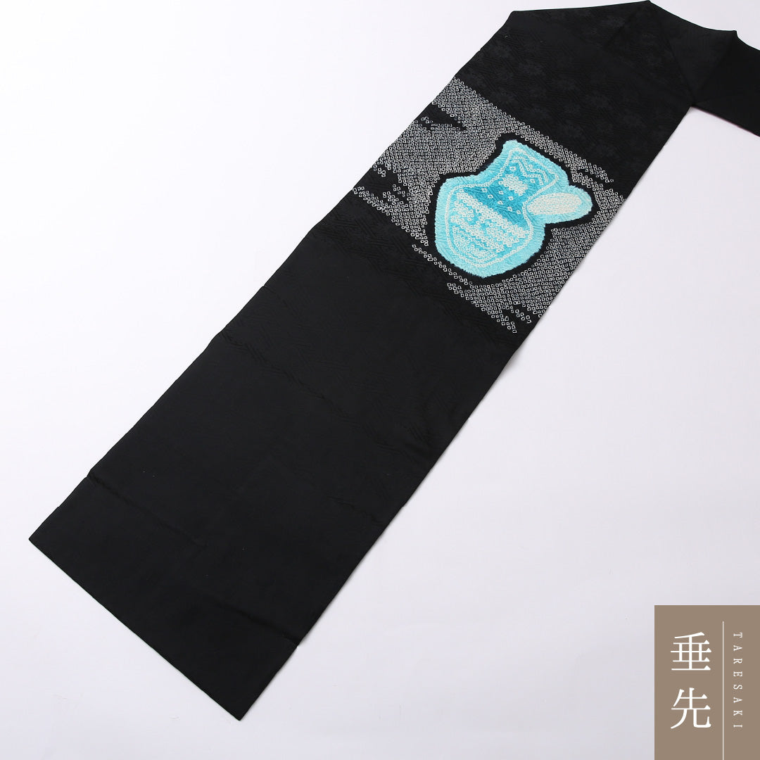 未使用品 九寸名古屋帯 Nランク 帯丈358cm 正絹 ポイント柄 名古屋仕立て 染め カジュアル 絞り 壺 黒系 RP 1245-02800
