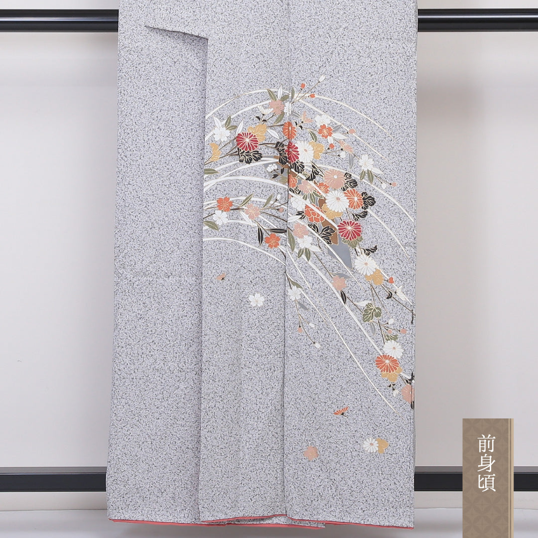 訪問着 袷 身丈159cm 裄丈64cm 正絹 Sランク セミフォーマル 広衿 Mサイズ たたき染め 金彩 桜 グレー系 RP 1217-04523