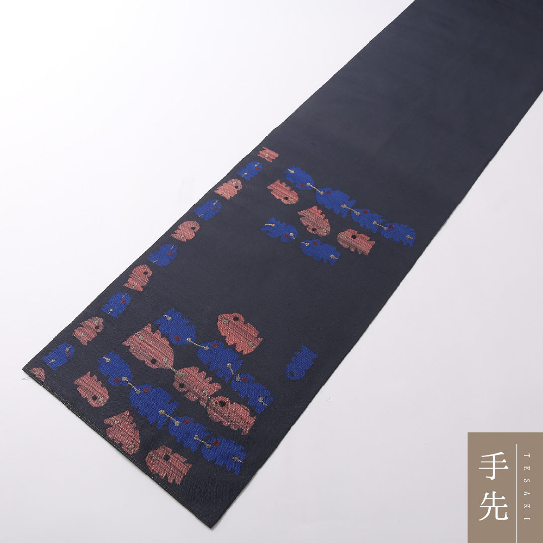 袋帯 帯丈438cm 六通 カジュアル Aランク 正絹 紬地 創作柄 レトロ 遊び心 グレー系 1223-01685