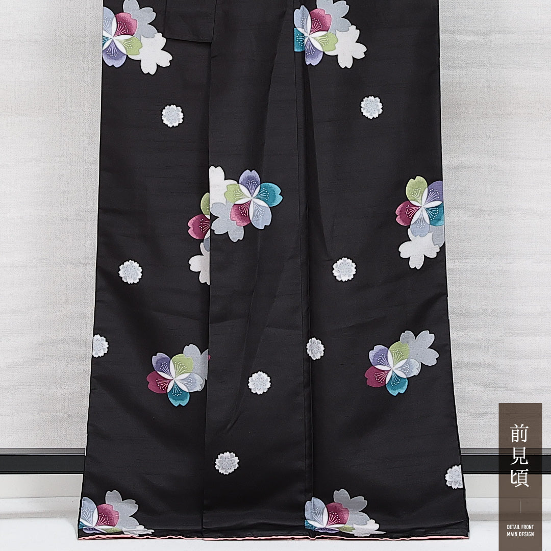 洗える着物 小紋 袷 身丈166cm 裄丈66cm ポリエステル Sランク インフォーマル バチ衿 XLサイズ 桜 黒系 RP 1221-14305