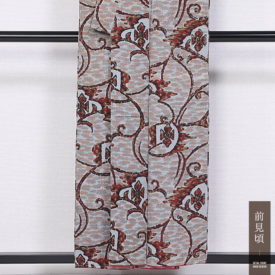 アンティーク 洗える着物 ウールの紬 単衣 身丈154cm 裄丈61cm ウール Aランク 広衿 Sサイズ 唐草 グレー系 RP 1223-11371