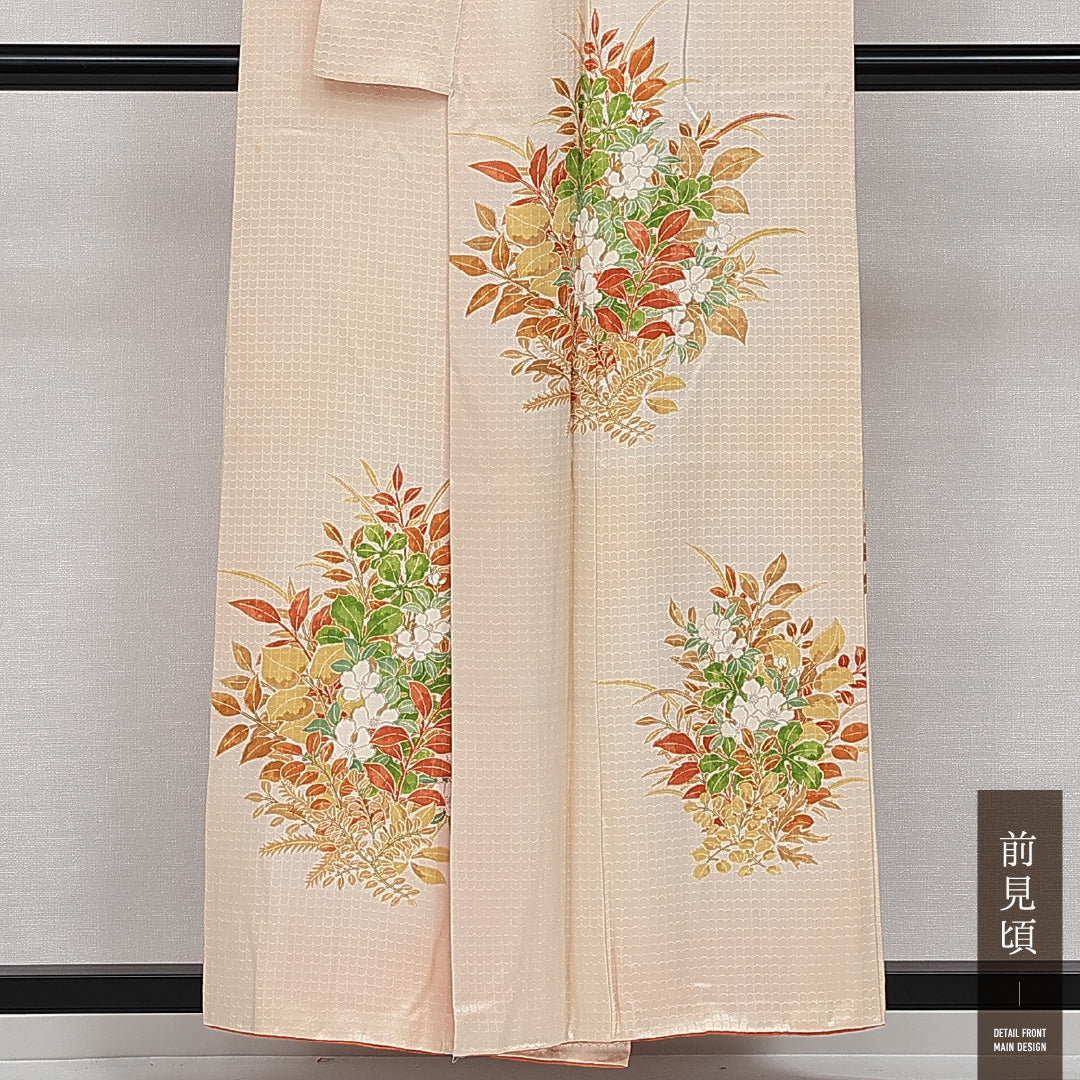 訪問着 袷 身丈153cm 裄丈61cm 正絹 Aランク セミフォーマル 広衿 Sサイズ 花柄 クリーム系 RP 1217-14245