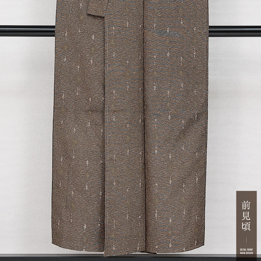 アンティーク お召 袷 身丈148cm 裄丈62cm 正絹 Aランク バチ衿 XSサイズ 創作柄 茶系 RP 1222-14452