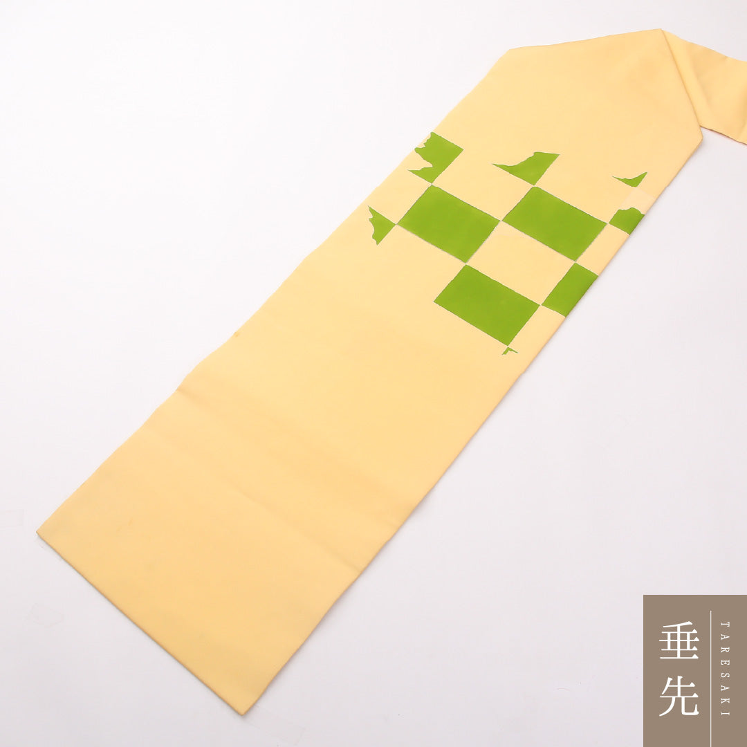 名古屋帯 ポイント柄 帯丈363cm カジュアル Cランク 正絹 銀駒刺繍 塩瀬 市松 創作 黄系 1224-02409