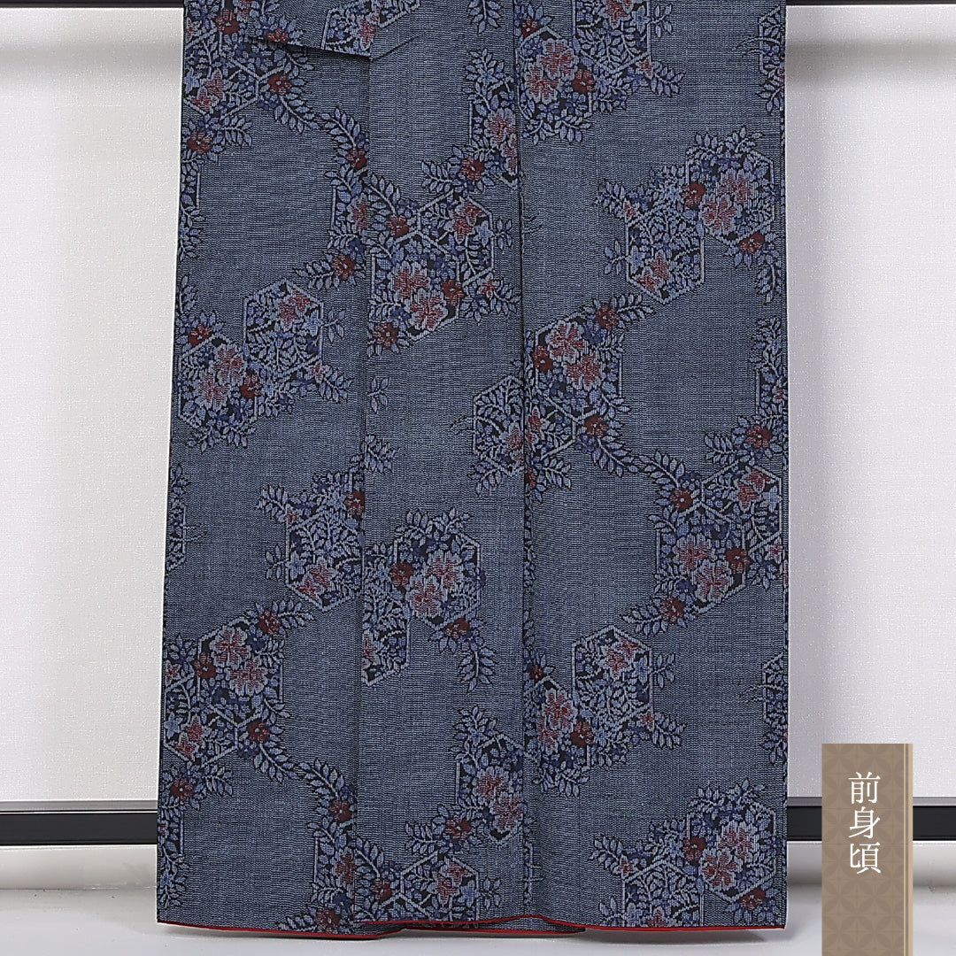 紬 袷 身丈160cm 裄64.5cm 正絹 花柄 紺系 Aランク 1216-01385