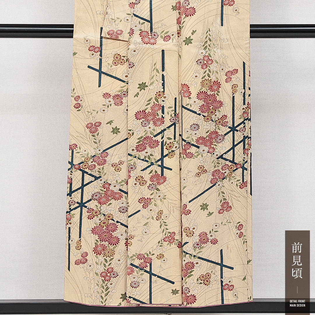 小紋 洗える着物 袷 身丈151cm 裄丈62cm ポリエステル Bランク Sサイズ バチ衿 インフォーマル 菊 ベージュ系 1215-14600