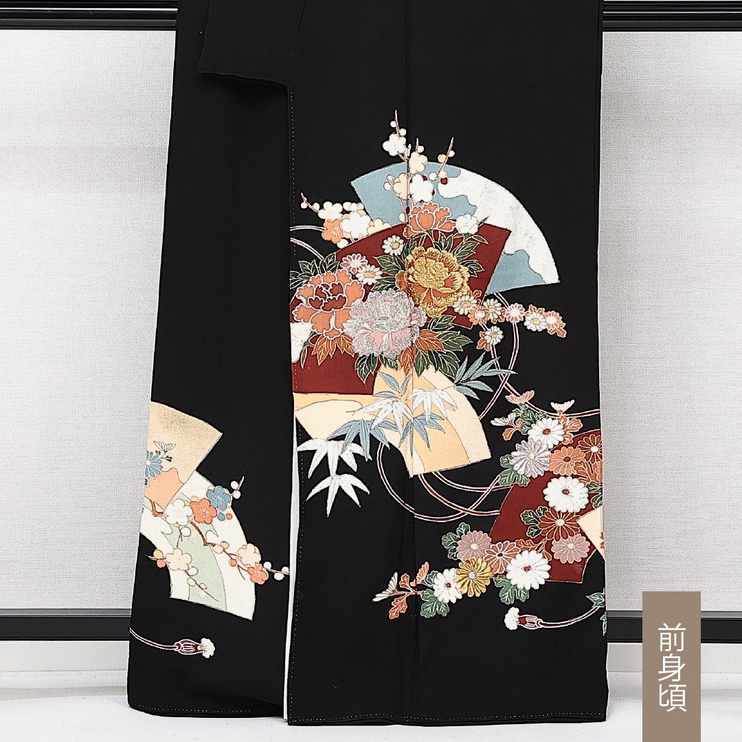 黒留袖 五つ紋 五三桐 身丈163cm 裄丈63.5cm Sランク 正絹 袷 比翼 広衿 L 刺繍 吉祥文様 フォーマル 古典的 華やか 黒系 1211-F0602