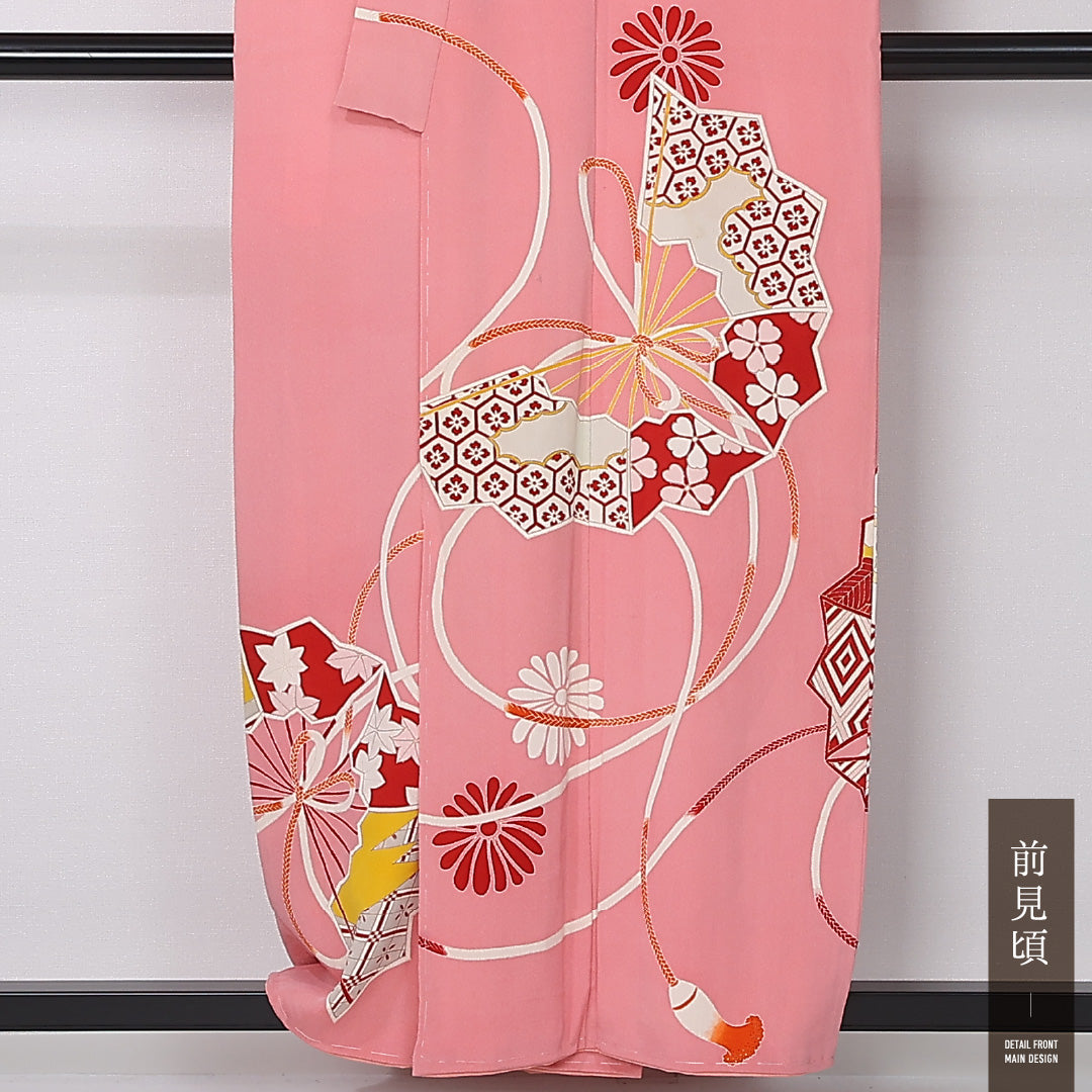 アンティーク 訪問着 袷 身丈158cm 裄丈61cm 正絹 Aランク 一つ紋 (蔦柏) バチ衿 Mサイズ 扇 ピンク系 M4 1217-12410