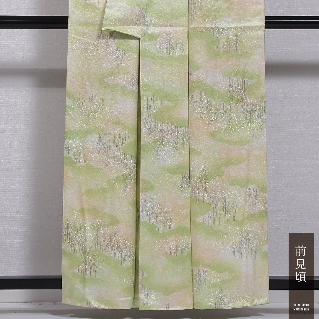 小紋 袷 身丈158cm 裄丈64cm 正絹 Aランク インフォーマル 広衿 Mサイズ 山 雲取り 緑系 HP 1221-11741