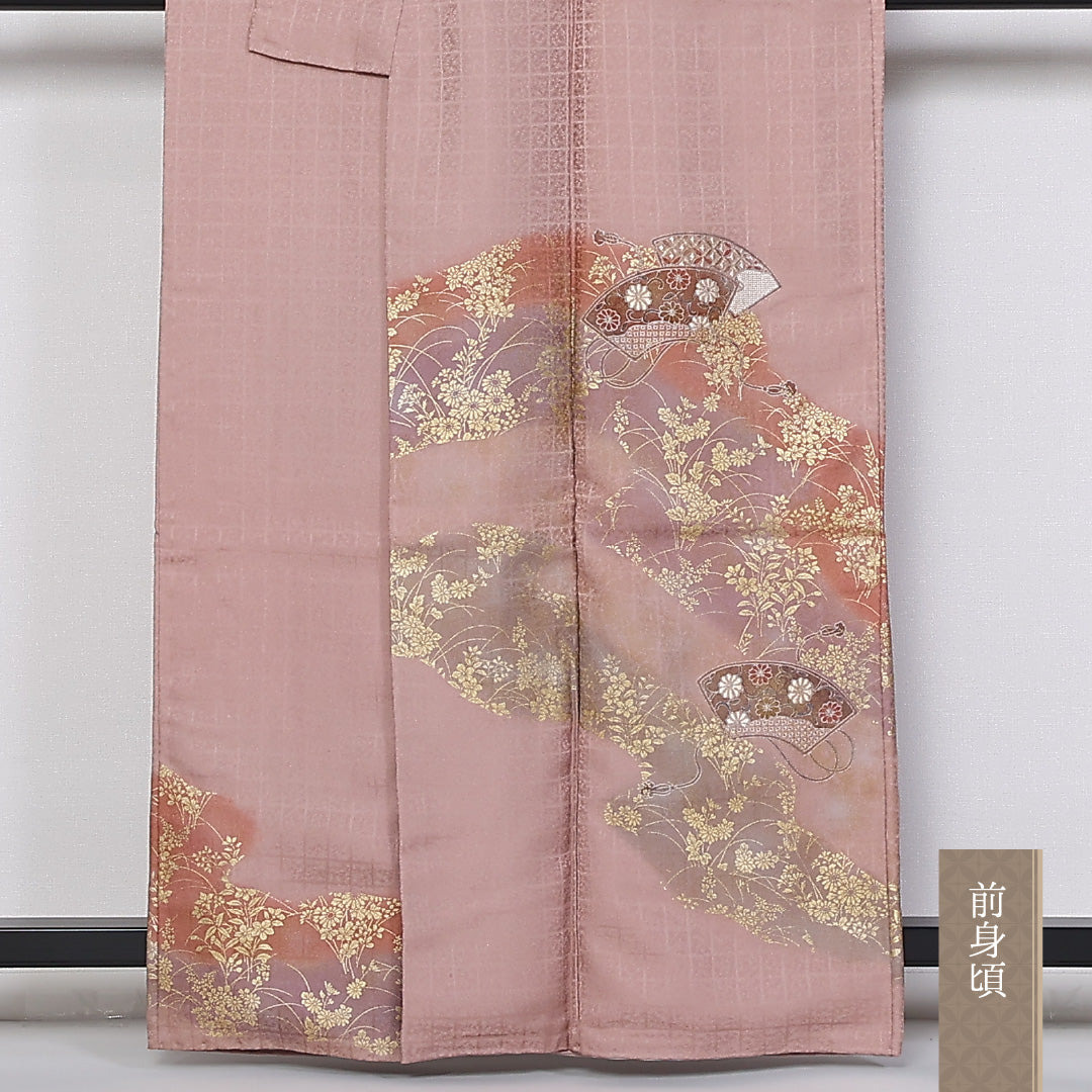 訪問着 袷 身丈161cm 裄丈64cm 正絹 Sランク セミフォーマル 広衿 Lサイズ 金彩 蘇州刺繍 汕頭刺繍 扇 菊 ピンク系 RP 1217-04757