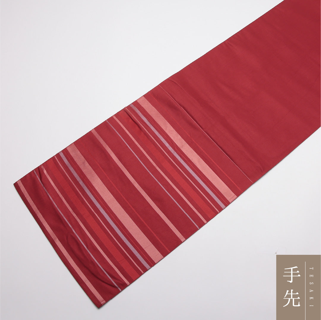 九寸名古屋帯 Sランク 帯丈346cm 正絹 六通 開き仕立て 織り カジュアル 縞 赤系 LP 1245-01784