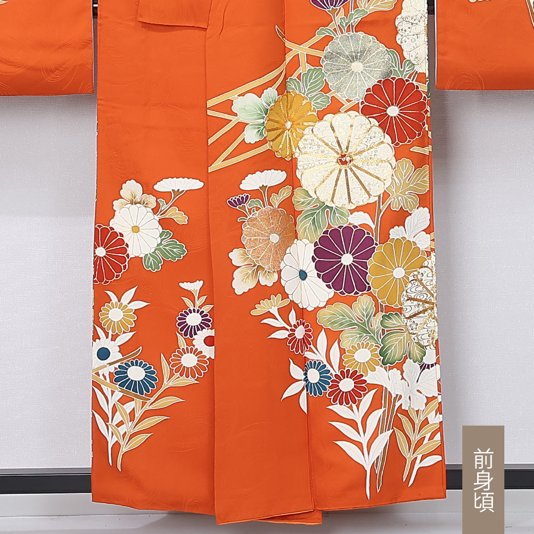 振袖 身丈154cm 裄丈64.5cm Sランク 正絹 袷 広衿 S 金駒刺繍 菊 フォーマル 古典的 鮮やか 朱系 1213-F0455