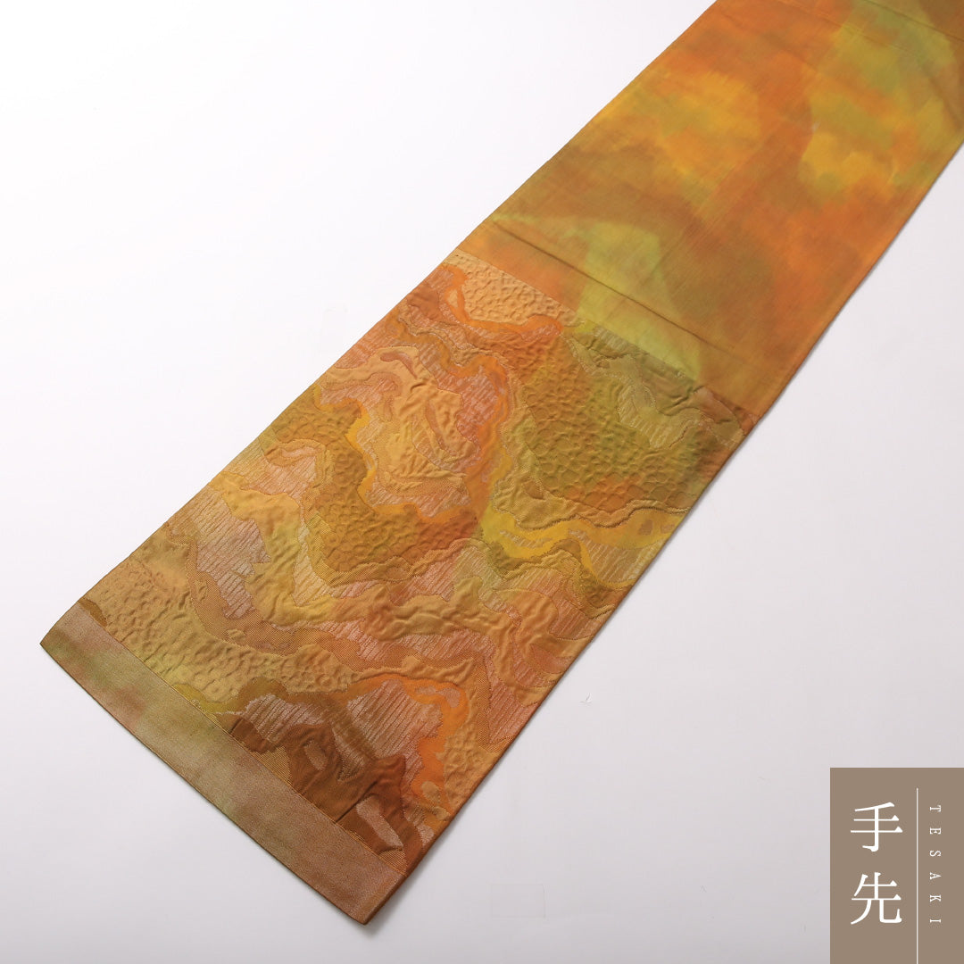 袋帯 帯丈412cm 正絹 六通 セミフォーマル ふくれ織 遠山 黄系 朱系 1243-01715