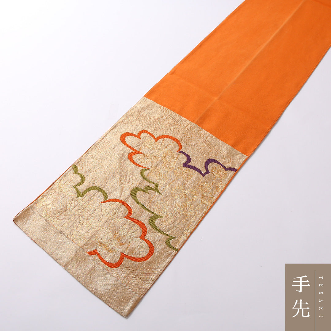 アンティーク 袋帯 帯丈424cm 六通 未仕立て Aランク 正絹 雲取り 吉祥文様 古典的 淡い 金系 1223-01676