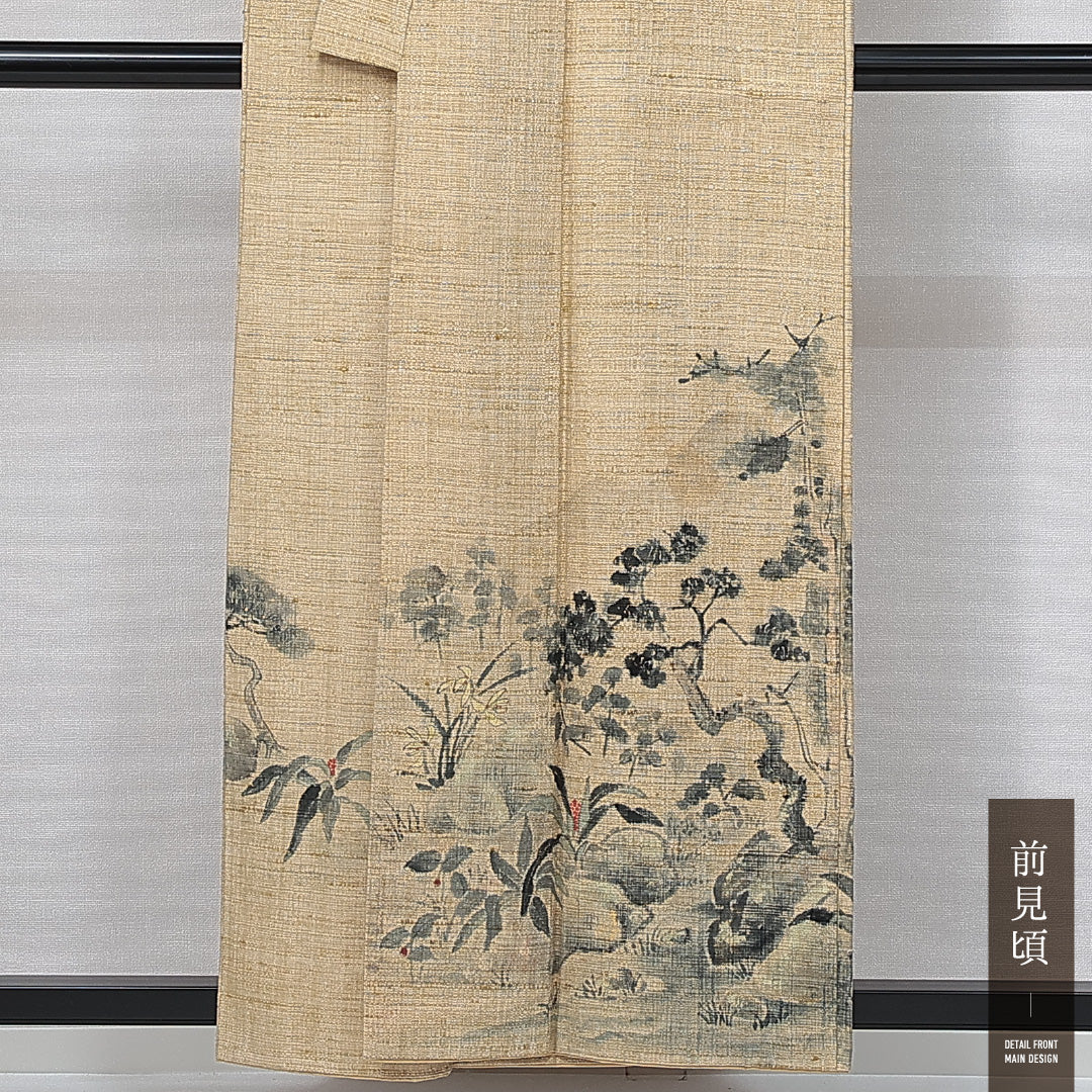 紬 袷 身丈156cm 裄丈61cm 正絹 Cランク Mサイズ 広衿 カジュアル 染紬 山 松 作家物 落款 黄系 1216-14960