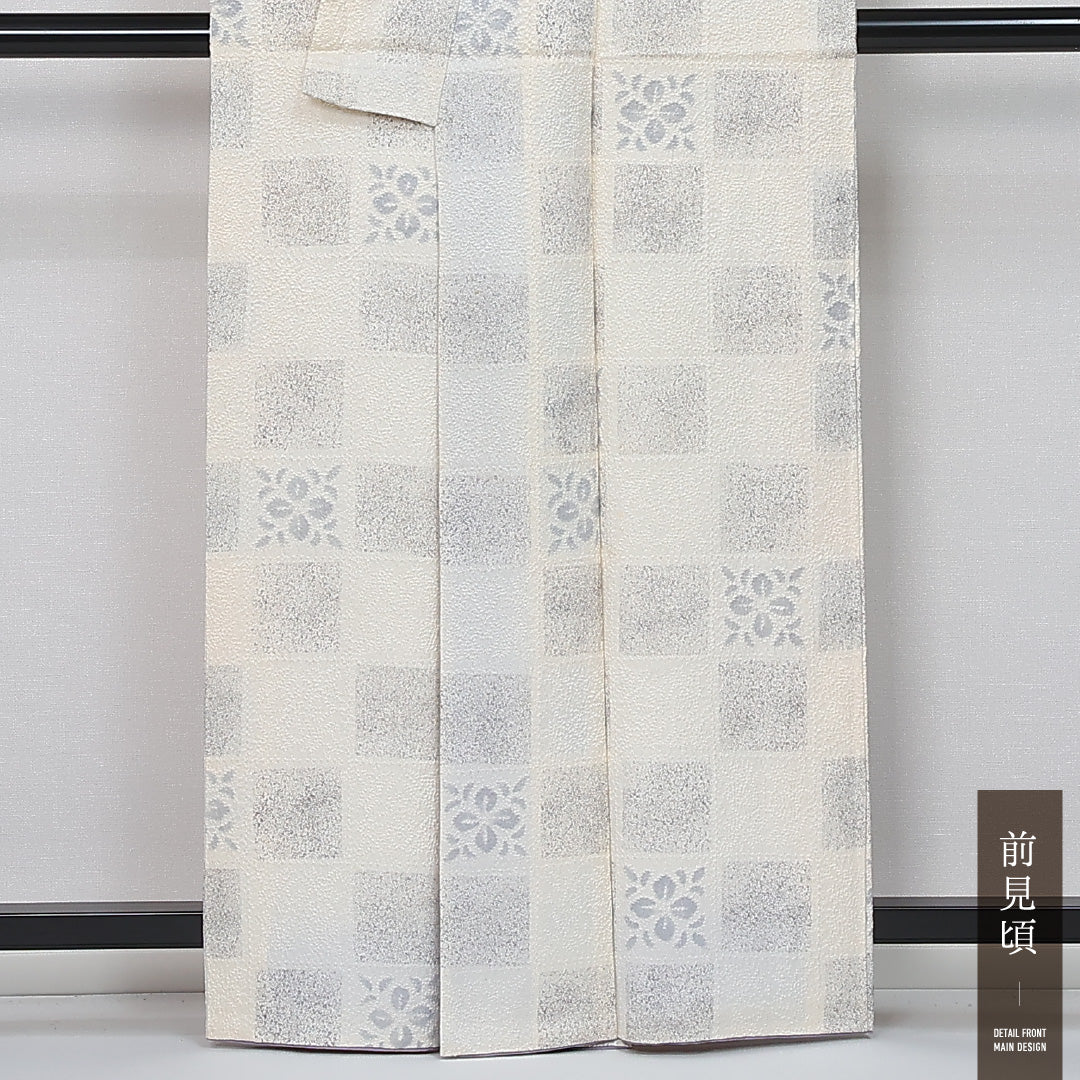 小紋 身丈161cm 裄丈63.5cm Cランク L 正絹 袷 広衿 ふくれ織 市松 カジュアル クリーム系 1215-12057