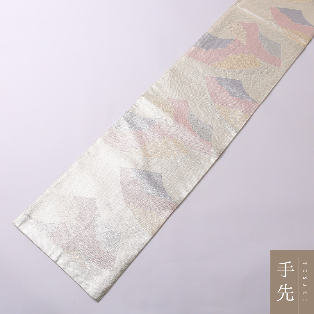 袋帯 帯丈444cm ポリエステル 六通 フォーマル 佐賀錦 扇面文 白系 銀系 1243-01561