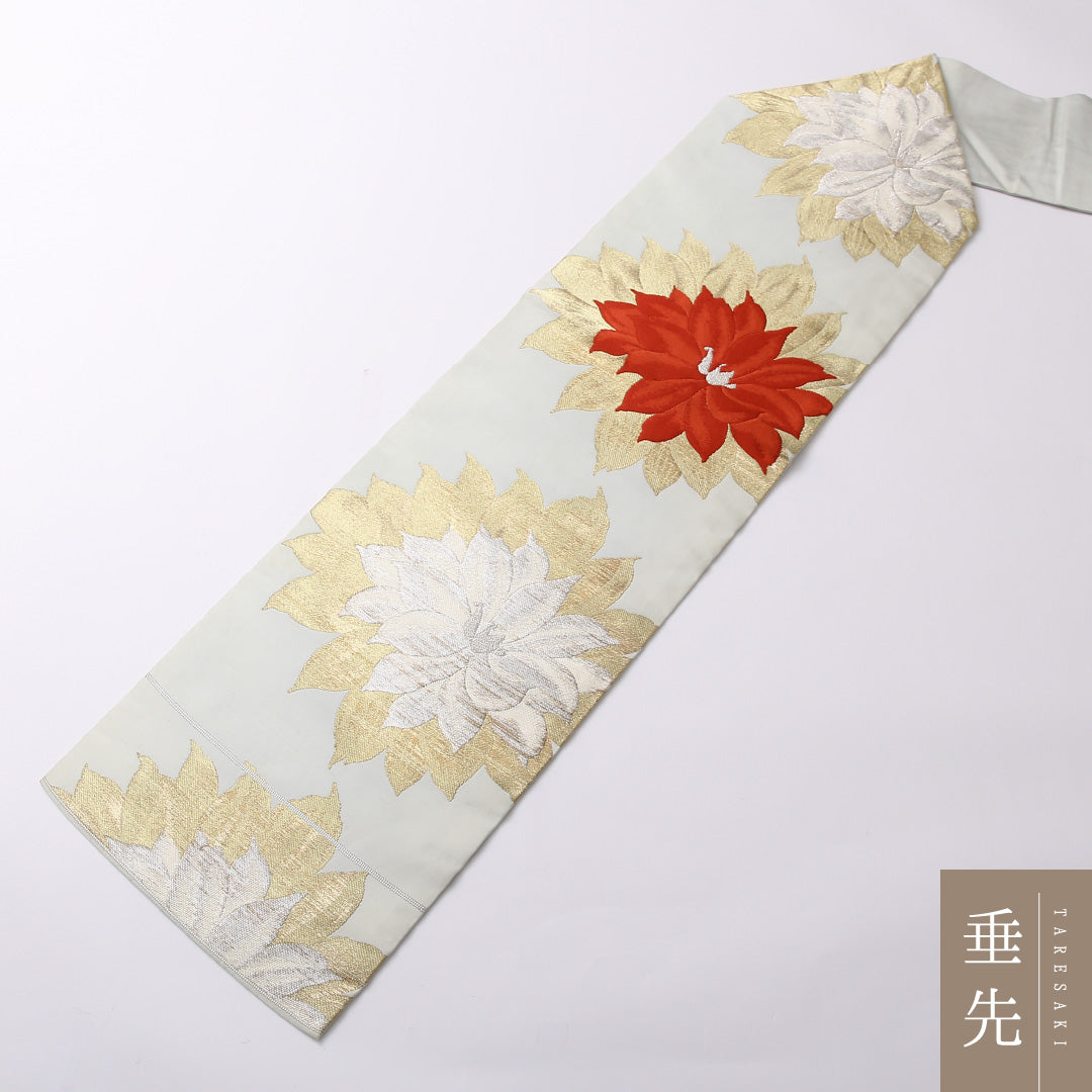 アンティーク 九寸名古屋帯 Cランク 帯丈358cm 正絹 六通 名古屋仕立て 織り 牡丹 水色系 RP 1245-02637