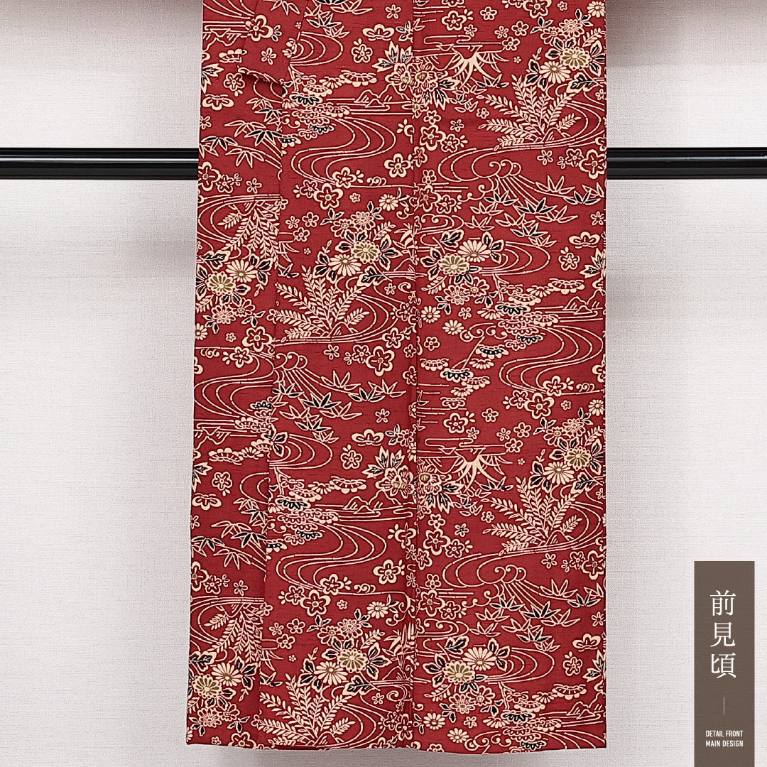 洗える着物 ウールの小紋 単衣 身丈147cm 裄丈61cm ウール Sランク インフォーマル バチ衿 XSサイズ 居敷当て 肩当て 流水 花柄 赤系 RP 1221-14130