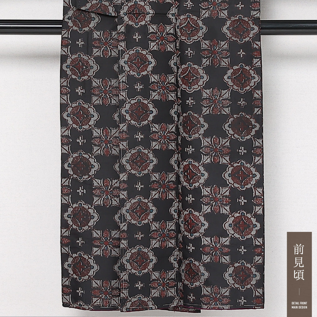 アンティーク 銘仙の着物 袷 身丈148cm 裄丈62cm 正絹 Aランク 広衿 XSサイズ 花菱 黒系 RP 1223-13627
