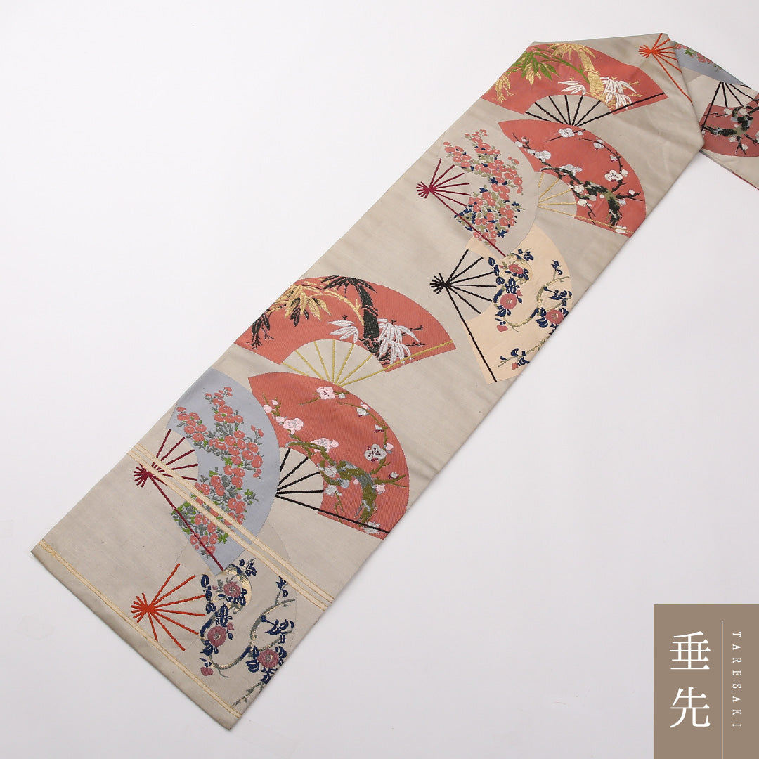 アンティーク 名古屋帯 六通 帯丈336cm Aランク 正絹 綴れ織 吉祥文様 扇 グレー系 1224-02362