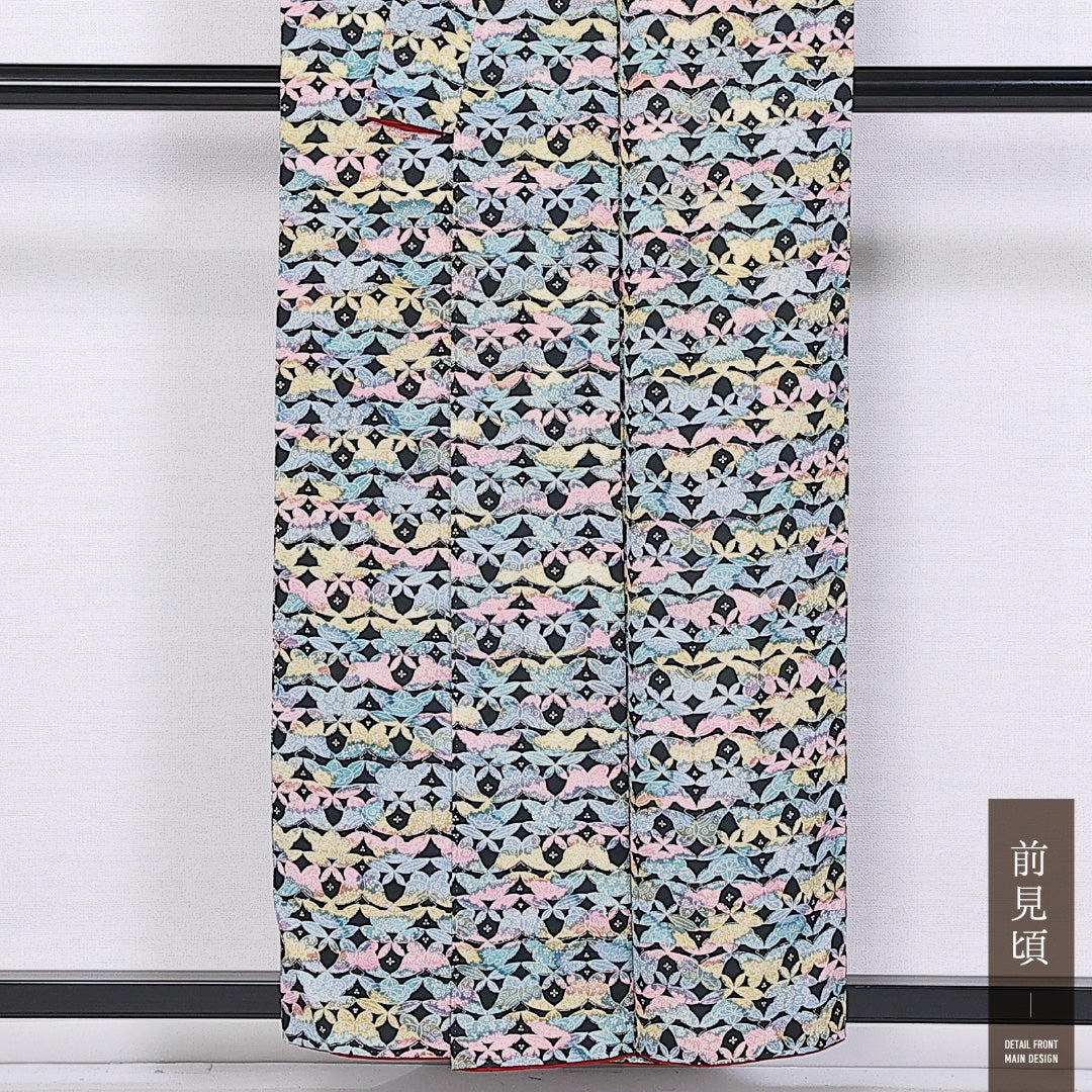 小紋 袷 身丈156cm 裄丈61cm 正絹 Aランク インフォーマル バチ衿 Mサイズ 蝶 橘 水色系 RP 1221-11351