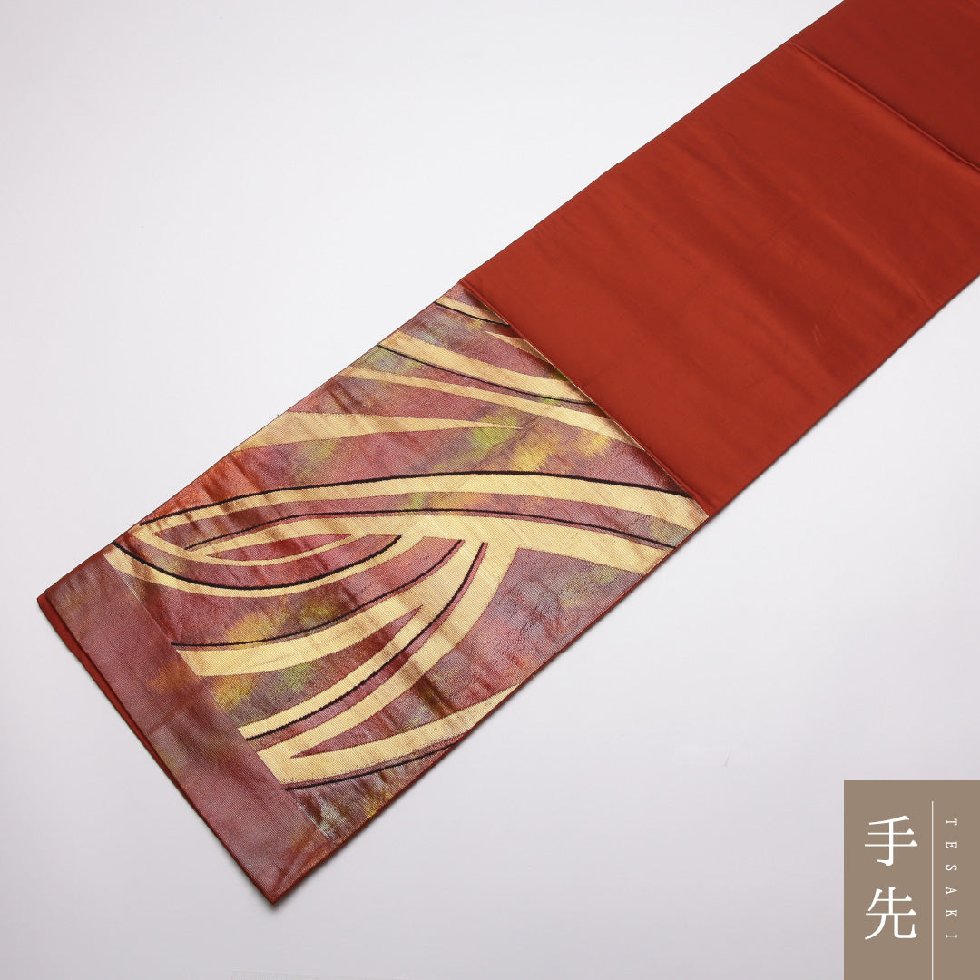 袋帯 帯丈420cm 正絹 六通 帯端のみ未仕立て インフォーマル 創作柄 赤系 1243-01330