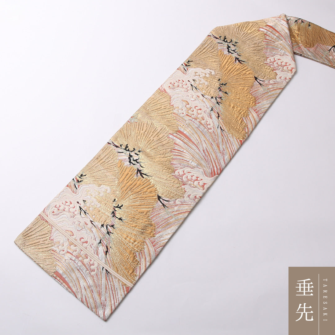アンティーク 九寸名古屋帯 Bランク 帯丈333cm 正絹 六通 名古屋仕立て 織り 唐織 荒磯 金系 RP 1245-02705